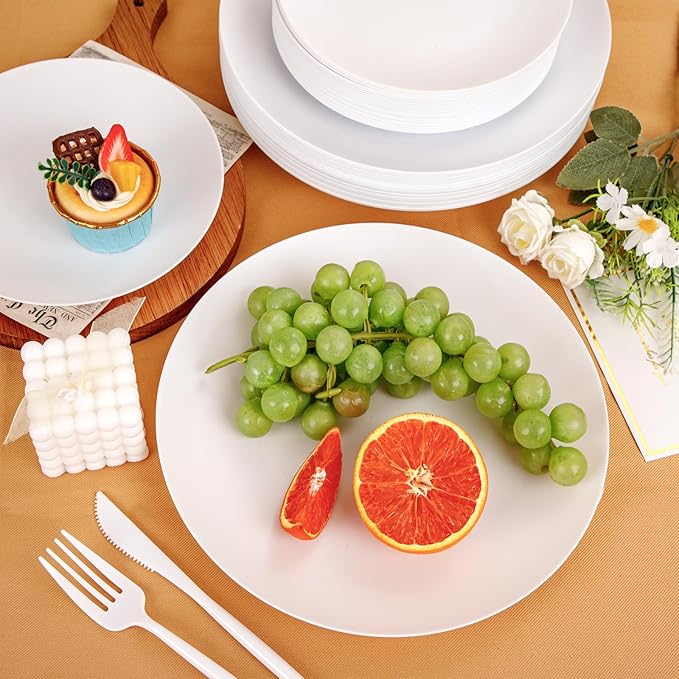 EI 150pcs White Plastic Plates Disposable,White Plate for Party,Disposable Frosted Plate with White Plastic Silverware,Heavy Duty Dinnerware set serves for 30,Perfect for Birthday Wedding Tea Party.