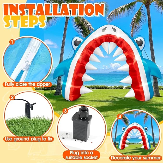 Eyourlife 12×8 FT Shark Summer Inflatable Arch, Giant Outdoor Blow Up Yard Decoration with Built-in 6 LED Lights for Pool Stage Event Birthday Party Ocean Theme Luau Beach Party Take Photos