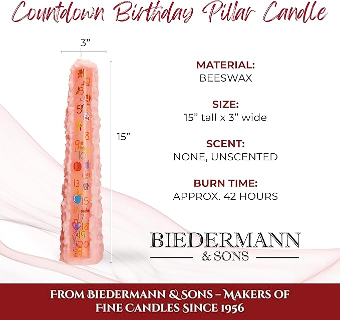Biedermann & Sons Baby Shower Countdown Candle for Girls, Baby Pink 15 Inch Unscented Pillar, 42 Hour Burn Time, Marks 1 to 21 Year Celebrations, Keepsake Gift or Favor for Guests