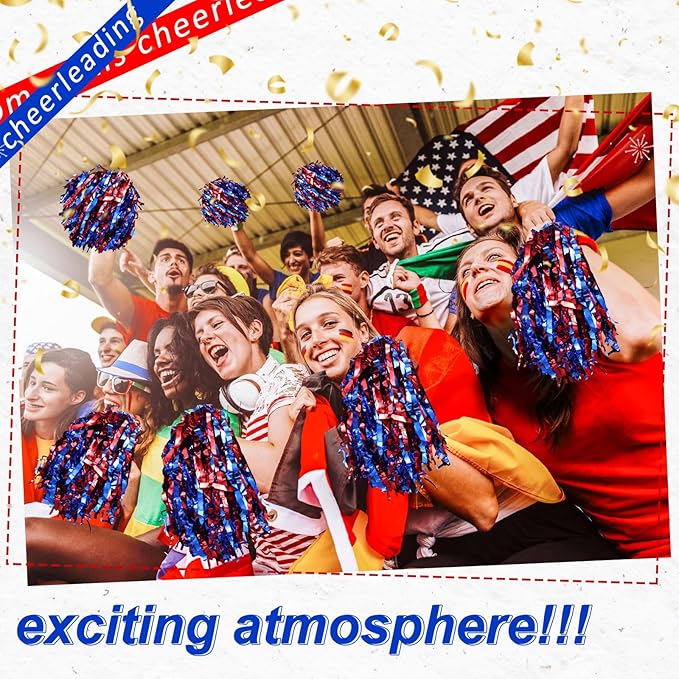 Hanaive 100Pcs Metallic Cheerleading Pom Poms with Baton Handle Cheerleader Pompom Foil 30g Cheering Squad Hand Flowers for Adults Team Spirit Sports Party Cheering