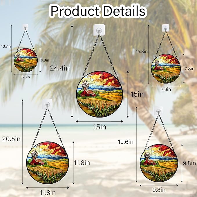 Stained Glass Window Hanging Autumn Farm Corn Harvest Landscape Large 11.8" - Suncatcher Garden Door Sun Catcher Home Decor Birthday Christmas for Woman Mom Friend Men Nana