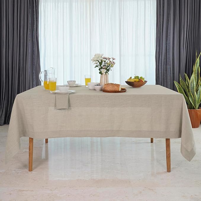 D'Moksha Homes Linen Natural Tablecloth 60 x 90 Inch - 100% Pure Linen Rectangular Tablecloth - Machine Washable Table Cloth for Valentines, Spring, Easter