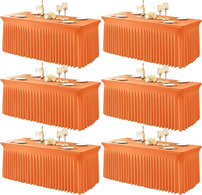 6 Packs Orange Table Clothes for 8 Foot Rectangle Tables, One-Piece Wrinkle Resistant Stretch Spandex Table Covers with Skirt for Event Banquet Wedding Birthday Party