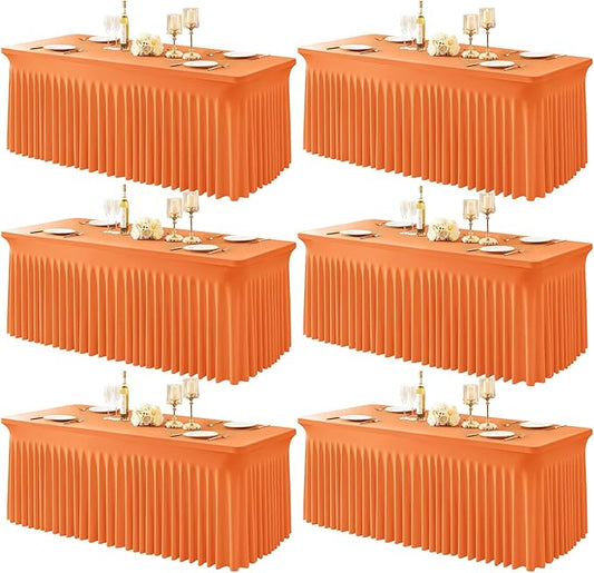 6 Packs Orange Table Clothes for 6 Foot Rectangle Tables, One-Piece Wrinkle Resistant Stretch Spandex Table Covers with Skirt for Event Banquet Wedding Birthday Party