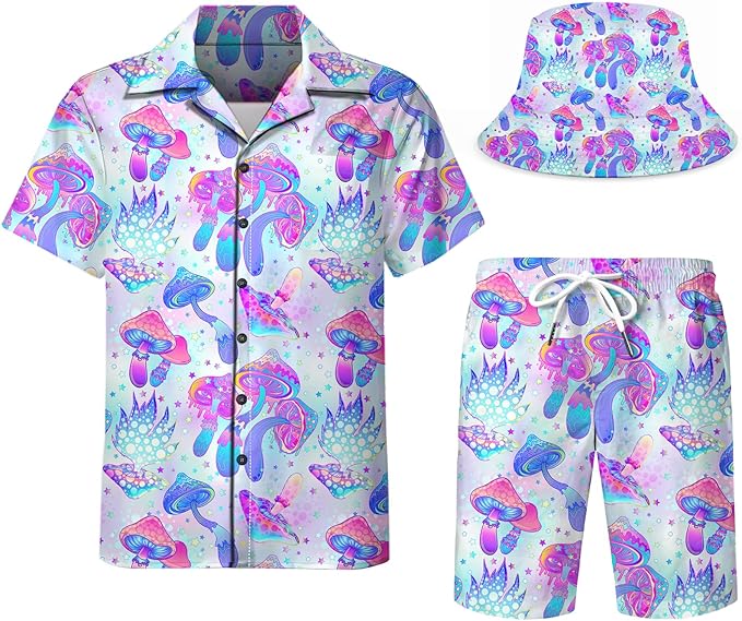 Mens Hawaiian Shirts and Shorts Set Funny Hawaiian Shirts for Men Beach Outfits Sets with Bucket Hats