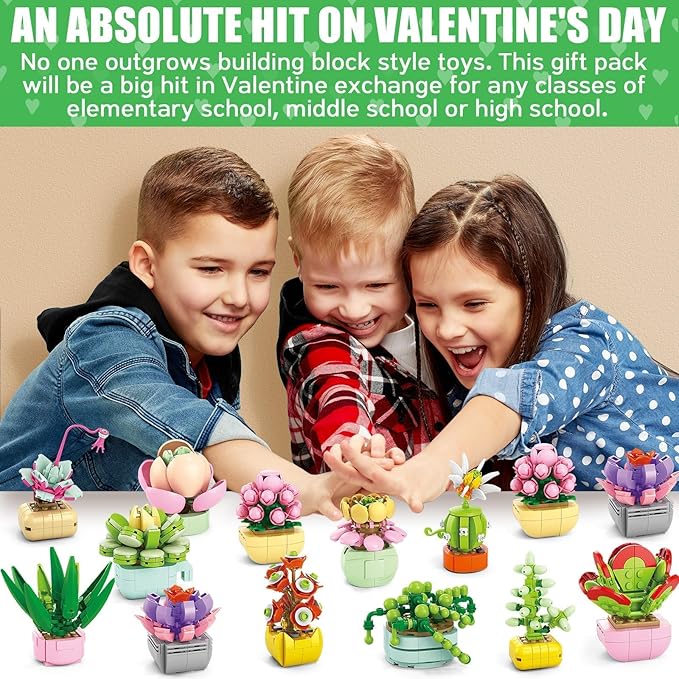 Valentines Day Gifts for Kids - 24 Packs Succulents Building Blocks with Valentines Day Cards for Kids School Boys Girls, Artificial Botanical Toy Exchange Gifts Classroom Prizes Party Favor