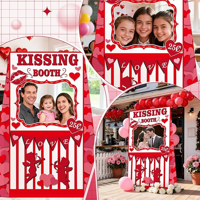 Valentine’s Day Photo Booth Prop, 48 x 63 inch Valentines Kissing Booth Cardboard Cutout Life-Size Standup, Love Photography Backdrop Decoration for Couple Anniversary Wedding Party Favor