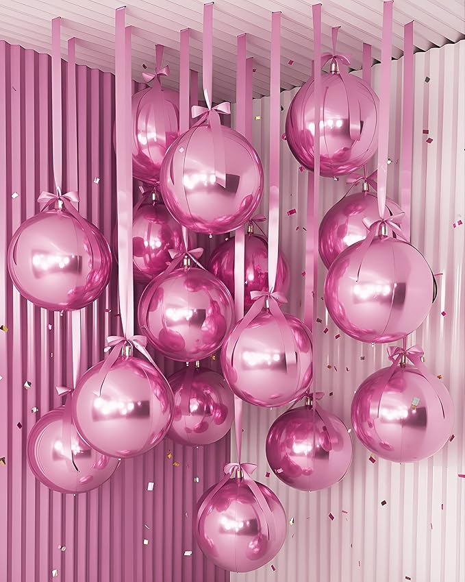 Jenaai 30 Set Valentine's Day Round Foil Balloons Bulk 22 Inch 4d Metallic Giant Balloons Set with Satin Bows Ribbon for Ceiling Holiday Ornaments New Year Birthday Wedding Party Decoration(Pink)