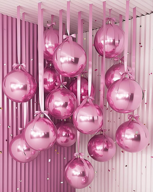 Jenaai 30 Set Valentine's Day Round Foil Balloons Bulk 22 Inch 4d Metallic Giant Balloons Set with Satin Bows Ribbon for Ceiling Holiday Ornaments New Year Birthday Wedding Party Decoration(Pink)