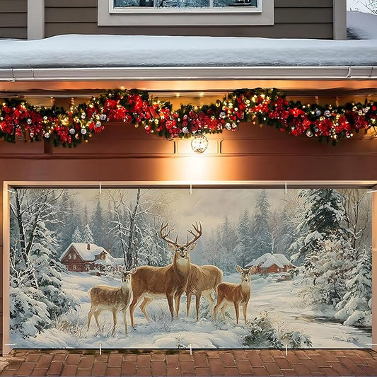 Christmas Garage Door Banner 7x16FT, Winter Reindeer Family Garage Door Cover, Large Outdoor Xmas Decoration for Garage Doors, Garden Fence & Holiday Parties