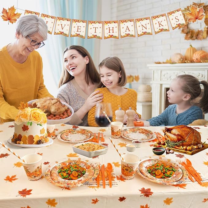 194Pcs Thanksgiving Disposable Dinnerware Tableware,Thanksgiving Paper Plates and Napkins Sets-Fall Thanksgivings Party Supplies with Tablecloth & Banner & Cups for Fall Party Decor, Serves 24