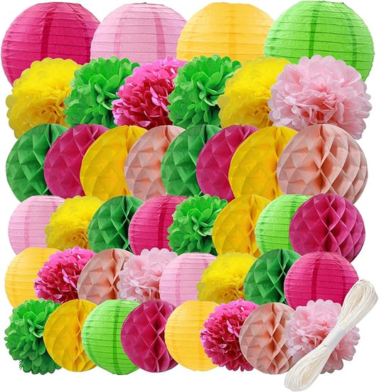 WOLHOWLTD Hawaii Luau Theme Paper Decoration Set - 42Pcs Paper Lanterns,Pompoms,Honeycomb for Wedding,Summer Aloha Party,School Day,Bridal Shower,Birthday Party Decoration(Rosy Pink Yellow Green)