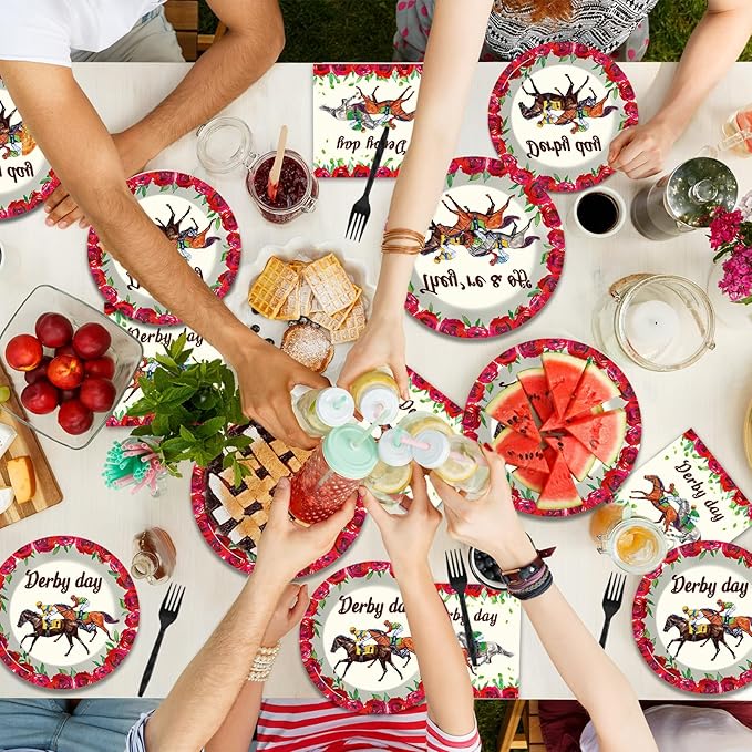 50 Guests Derby Day Plates and Napkins Party Supplies Kentucky Horse Racing Party Decorations Disposable Tableware Set Run for the Roses Dinnerware Favor for Race Day Kentucky Horse Party, 200PCS