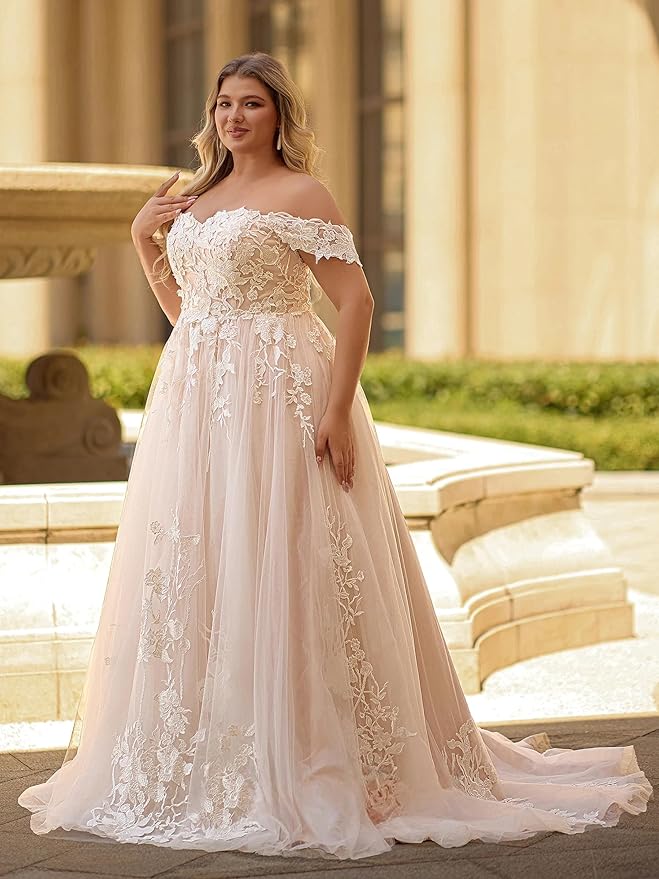Plus Size Wedding Dresses for Bride Long Sleeve Wedding Bridal Gowns with Lace Appliques Off Shoulder Bride Dress