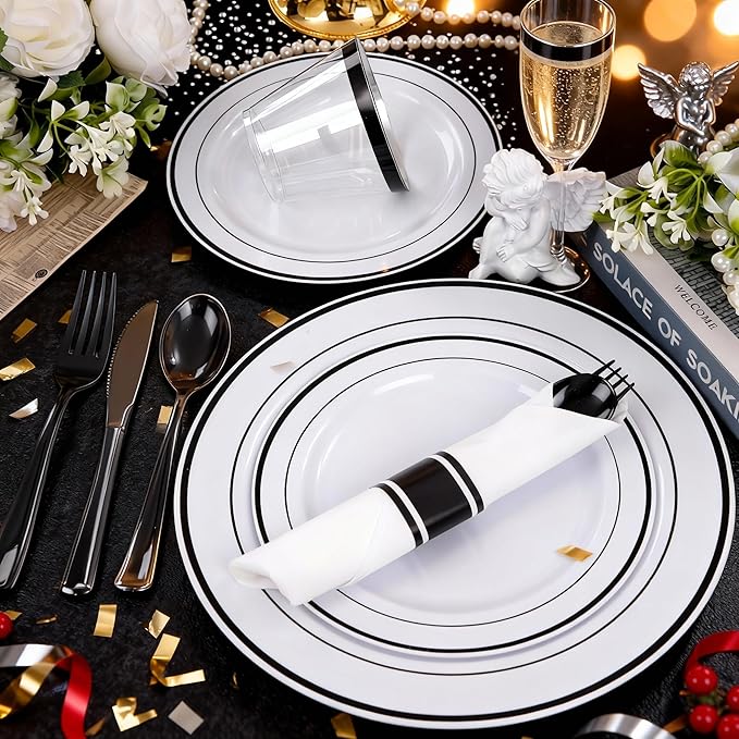 WELLIFE 210Pcs Black Plastic Dinnerware with Pre Rolled Napkins, Include:30 Dinner Plates, 30 Dessert Plates, 30 Paper Napkins, 30 Cups, 90 Plastic Cutlery