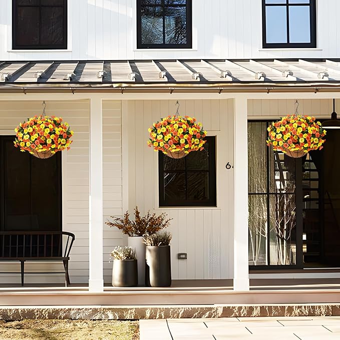 Artificial Fake Hanging Flowers Plants Baskets for Outdoor Decoration, Faux Silk UV Resistant Look Real Morning Glory Arrangement for Porch Patio Garden Deck Home Summary Decor(Orange Yellow)