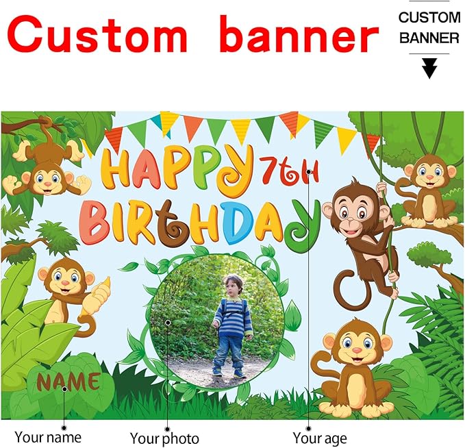 Custom Monkey Jungle Safari Happy Birthday Party Decorations Supplies Personalized Monkey Jungle Safari Green Birthday Backdrop Banner(6x9ft)
