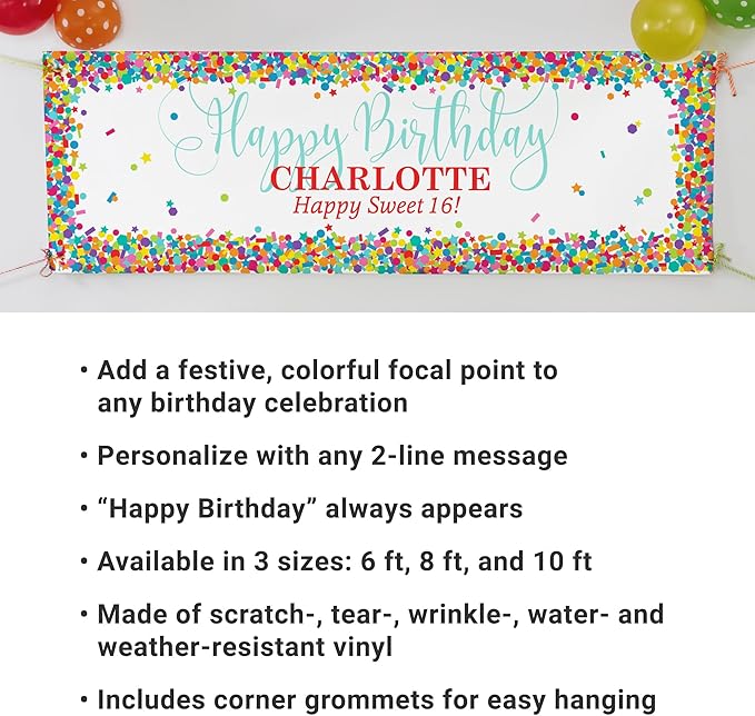 Let's Make Memories Personalized Happy Birthday Banner for Kids - Custom Colorful Party Decorations - Indoor/Outdoor Vinyl - Any Text - Happy Birthday Confetti - 8ft