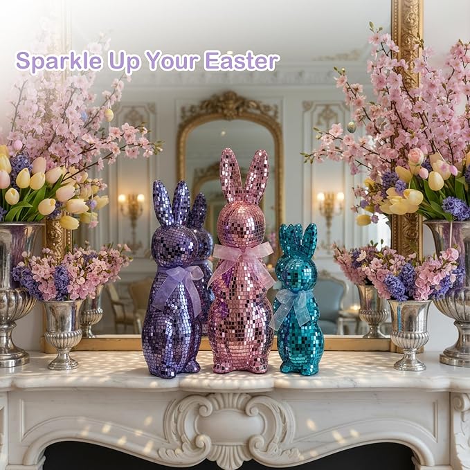 Lanpn 3PCS Mosaic Glass Bunny Easter Decorations, Decorative Disco Rabbit Sculptures for Easter Centerpieces, Spring Tabletop & Shelf Decor, Home Decoration Seasonal Gift (Pink, Purple, Blue)