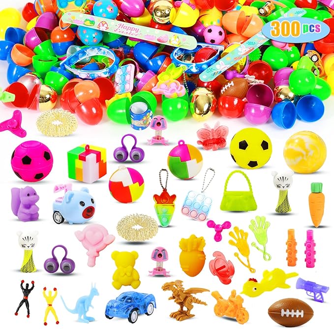 300 Pcs Prefilled Easter Eggs with Toys Inside,Easter Basket Stuffers Gifts in Surprise Eggs,Easter Toys Bulk,Prizes Classroom Events,Eggs Fillers,Easte Party Favors