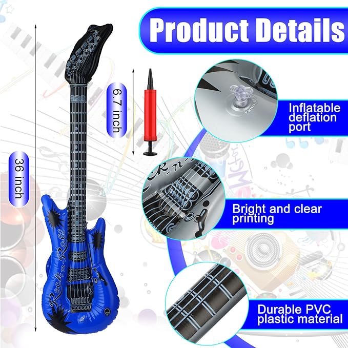 60 Pcs Inflatable Guitars for Parties Bulk Blow Rock Star Guitar Set Rock and Roll Party Decorations Photo Booth Props for Birthday 80s 90s Themed Party Carnival, 12 Colors