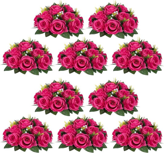 NUPTIO Flower Ball for Table Centerpieces: 10 Pcs Hot Pink Artificial Rose Kissing Balls for Wedding Party Valentine Tables - Faux Silk Floral Arrangements for Home Dining Event Decorations