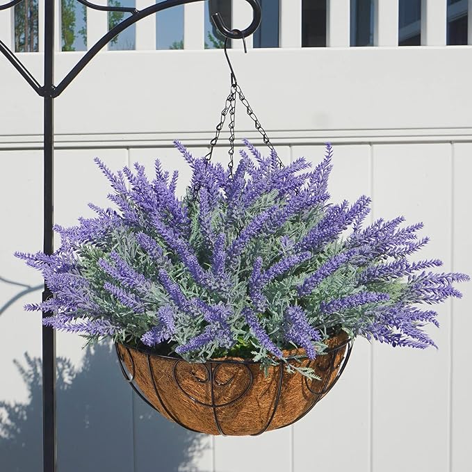 Ivydale Artificial Faux Outdoor Hanging Flowers Plants Basket for Porch Spring Decoration, 12 Bundlies Fake UV Resistant Lavender with Coconut Lining Baskets for Home Patio Balcony Yard