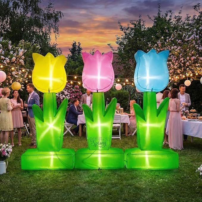 VIHOSE 6 ft Spring Inflatable Flower Decoration LED Blow up Yard Decor Large Inflatable Tulip Flower Outdoor Decoration for Spring Holiday Outside Lawn Party Supplies