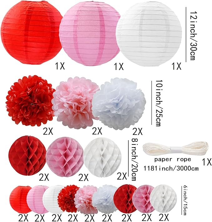 WOLHOWLTD Red Pink Paper Decoration Set - 33 Pcs Paper Lanterns, Pompoms, Honeycomb for Love Wedding,Valentine's,School Day,Bridal Shower,Birthday Party,Home Garden Decoration(red Pink White)