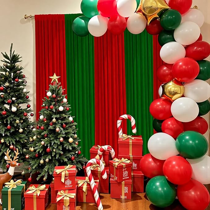 Christmas Backdrop Curtain - 10×10ft Red & Green Holiday Party Background Decor for Xmas Tree Photos, Home Festive Wall, Mall Santa Booth, Reusable Winter Celebration Decoration for Family