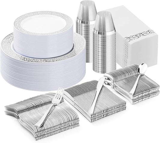 350PCS Silver Plastic Dinnerware Set for 50 Guests, Disposable Plates for Party, Wedding, Include 50 Dinner Plates, 50 Dessert Plates, 50 Set Silver Silverware, 50 Cups, 50 Napkins