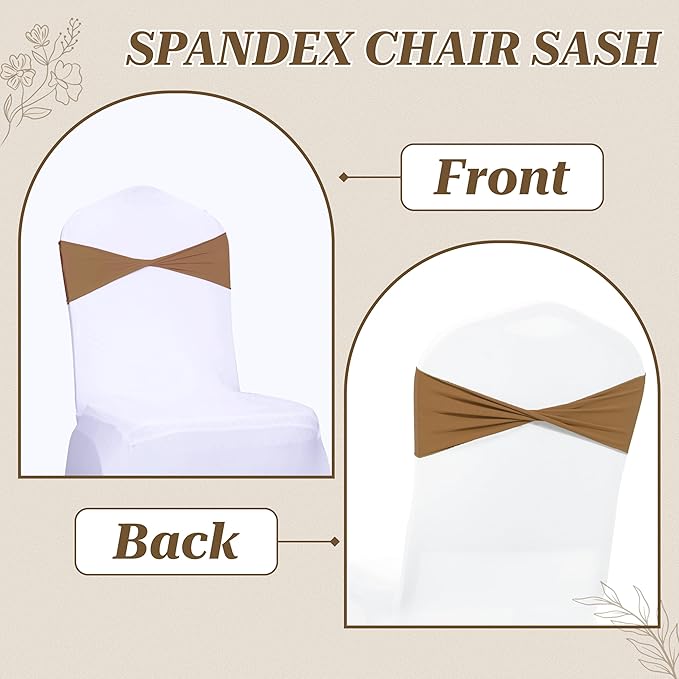 VDS Pack of 125 PCS | Mocha | Spandex Chair Sashes Bows Without Buckle | Stretch Elastic Banquet Universal Folding Chair Band Tie with for Wedding Party Conference Celebration Event Decoration