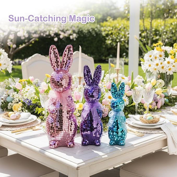 Lanpn 3PCS Mosaic Glass Bunny Easter Decorations, Decorative Disco Rabbit Sculptures for Easter Centerpieces, Spring Tabletop & Shelf Decor, Home Decoration Seasonal Gift (Pink, Purple, Blue)