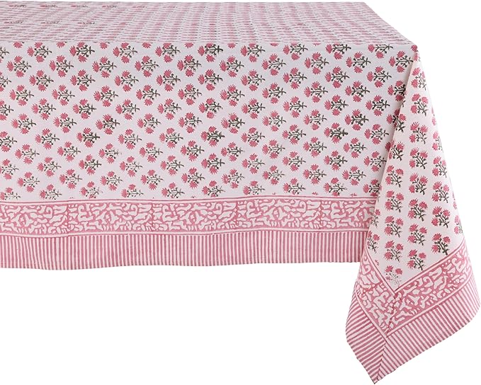 ATOSII Gulbahar White Pink 100% Cotton Fall Rectangle Tablecloth, Hand Block Print Washable Table Cover, Christmas Parties Buffet Dining, Weddings, Thanksgiving, Easter Decor 72 X 140 Inches 12 Seater