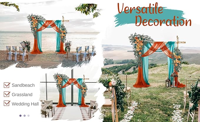 Wedding Arch Flowers with Drapes Kit (Pack of 4) - 2pcs Artificial Teal Orange Fall Deluxe Swag with 2pcs Sheer Drapes for Wedding Ceremony Arbor Reception Backdrop Rose Floral Decoration