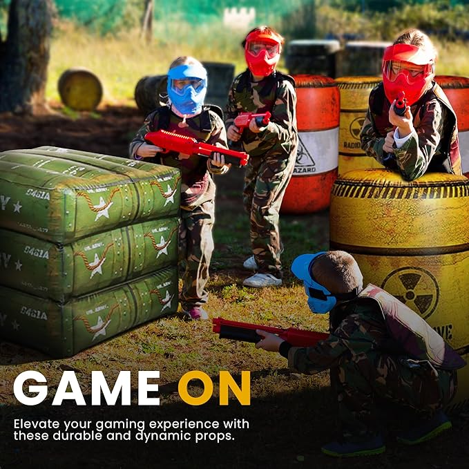 Package 8 Combat Battlefield Inflatables, Compatible Laser tag, Water Gun for Boys Birthday Party Activities and Decoration. Premiume Pack Include Water chember and Repair kit.