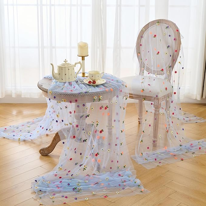 6PCS Blue Floral Table Runner 10 FT, Embroidery Daisy Table Runners Seasonal Spring Summer Sheer Tulle Dining Table Decor for Home Party Birthday Decor 29x120 Inch ﻿