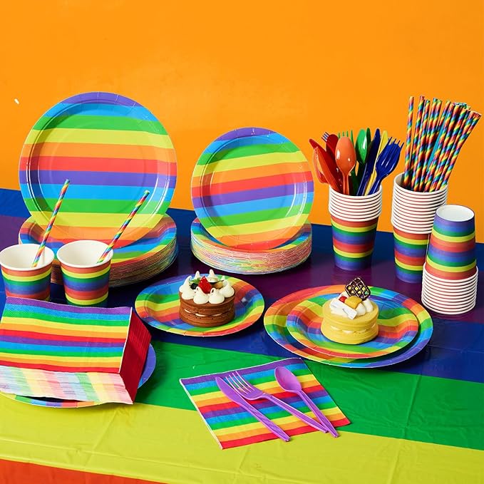 452 Pcs Rainbow Pride Party Decorations Include Rainbow Disposable Paper Plates Napkins Cups Tablecloth Cutlery Straws Colorful Stripe Party Supplies for Birthday Graduation Pride
