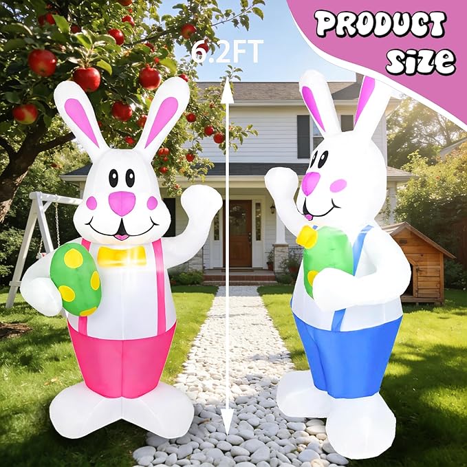 Dearsun 2 Pack 6.2FT Easter Inflatables Bunny Holding Easter Egg, Easter Blow up Yard Decorations Giant Bunny for Holiday Party Indoor Outdoor Decorations