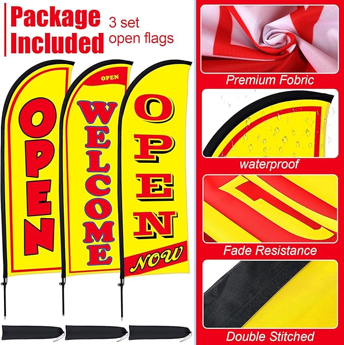 Buryeah 3 Sets Now Open Feather Flag Banner for Business Advertising 7 Feet Tall Grand Opening Feather Flag Sign with Fiberglass Pole Kit Rotating Ground Spike and Portable Bag (Yellow)
