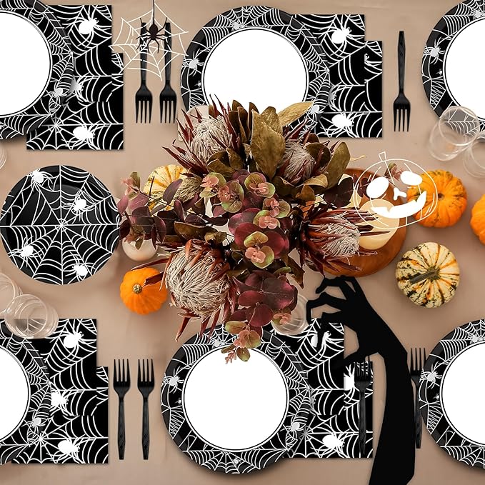 50 Guests Halloween Spider Web Plates and Napkins Party Supplies Spiderweb Party Decorations Disposable Tableware Black and White Halloween Dinnerware Favor for Get Together Celebration, 200PCS
