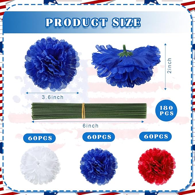 180 Pcs Red Blue White Carnations Artificial Memorial Flowers with 6" Stem Patriotic Fake Silk Carnation Bulk for Cemetery Veterans Day 4th of July Decoration Wreaths DIY Crafts