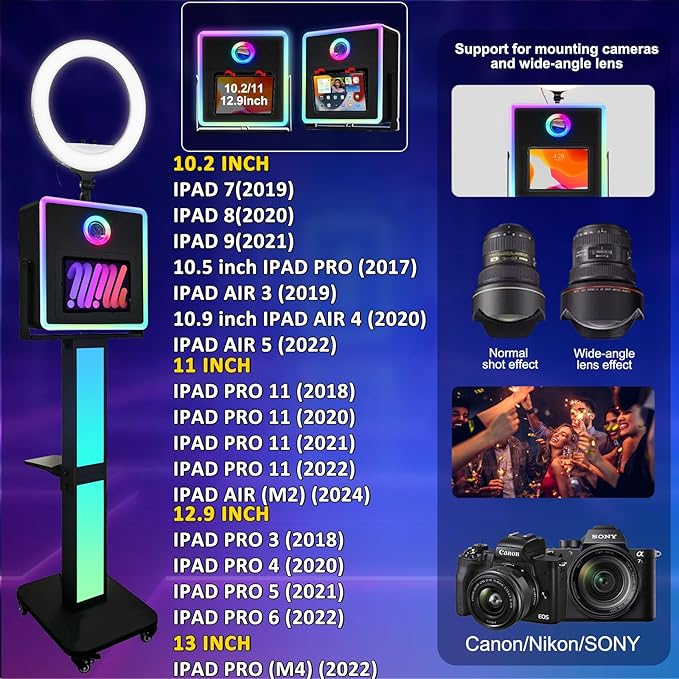 Photo Booth for iPad 10.2" 10.9" 11" 12.9" & Camera,2-in-1 Selfie Station Shell Stand Camera Photobooth Machine,App Control RGB Fill Light,for Parties,Rental Business (Black + Flight Case)