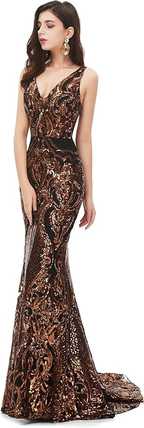 Women's Double V-Neck Sequins Lace-up Mermaid Evening Dress