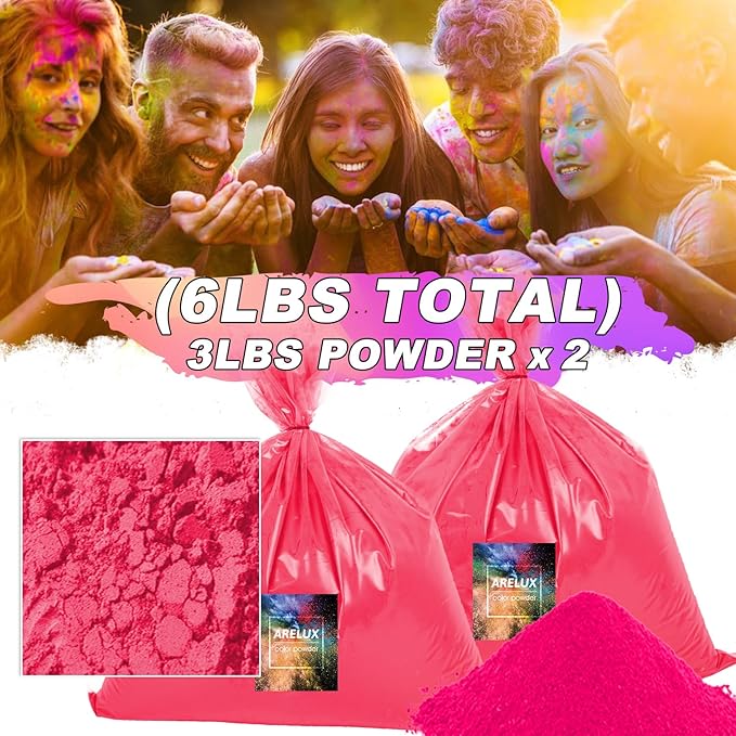 ARELUX Bright Watery Red Color Powder - 6lbs Bulk (2x3lb) for Color Wars, Powder War & Fun Events | Durable Individual Packets, Vibrant Holi Powder for Gender Reveal, Run, Rangoli, Parties | Non-Toxic