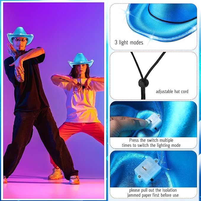 Kigeli 10 Pcs Lights LED Cowboy Cowgirl Hat LED Flashing Hat Cowgirl Hat for Western Cowboy Role Play(Silver,Sequin)
