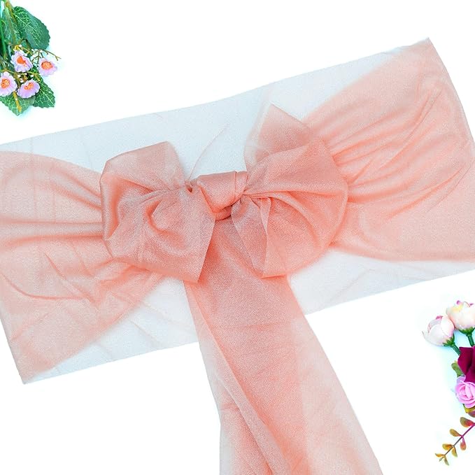VDS Pack of 75, Peach, Sheer Chiffon Chair Sashes Bows Chair Cover Back Tie Ribbon for Wedding Birthday Baby Shower Engagement Ceremony Event Party Banquet Restaurant Dining Chair Decoration