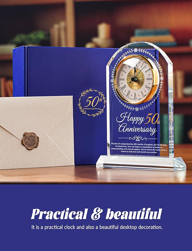 50th Wedding Anniversary Crystal Quartz Clock,50 Years of Marriage Gift,Happy Golden Anniversary Decoration Gift,for Parents,Grandparents,Couple