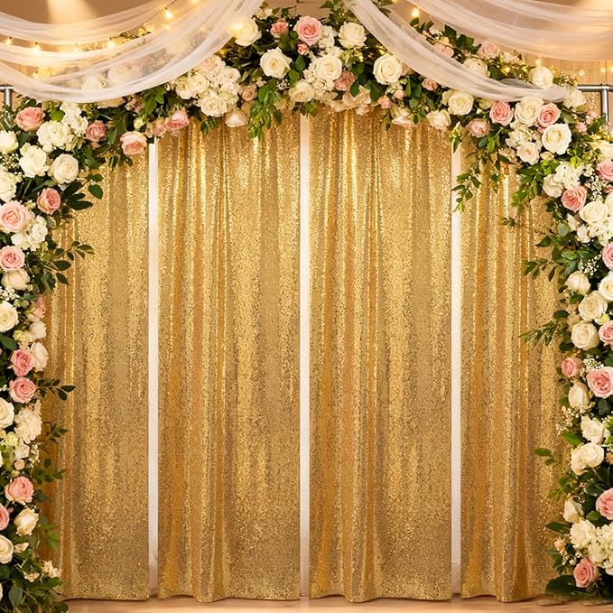 Gold Sequin Backdrop Curtain - 4PCS (2FTx8FT) Glitter Photo Background for Wedding, Christmas, Party, Baby Shower & Stage Decorations (Gold, 2x8ft 4 Panels)