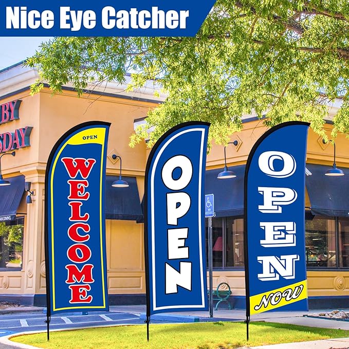 Buryeah 3 Sets Now Open Feather Flag Banner for Business Advertising 7 Feet Tall Grand Opening Feather Flag Sign with Fiberglass Pole Kit Rotating Ground Spike and Portable Bag (Blue)